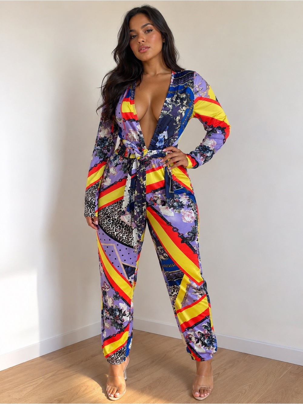 BANJUL Multicolor Baroque Leopard Print Deep V Tie Waist Jumpsuit L